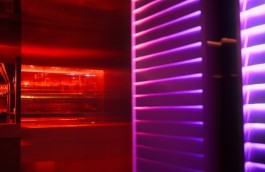 Red and purple architectural lighting detail at Lowkey Paris